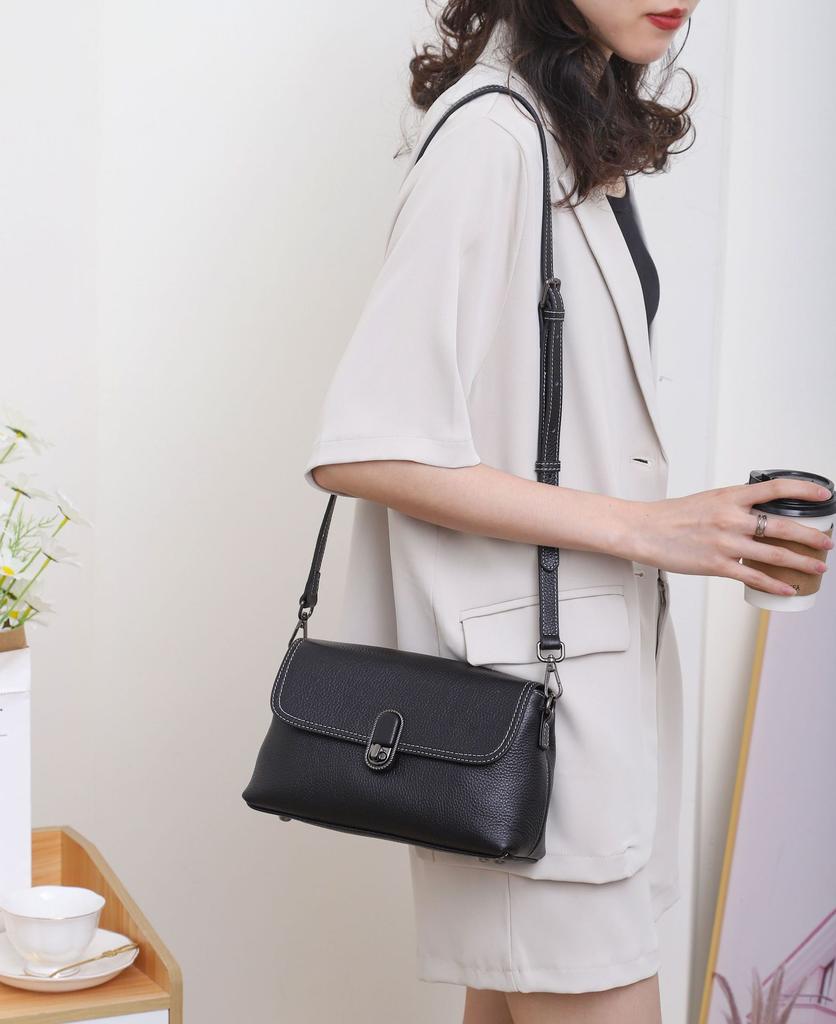 Full-Grain Leather Women's Underarm Square Bag - Lock Closure Single Shoulder Purse, Minimalist Multi-Pocket Crossbody for Work