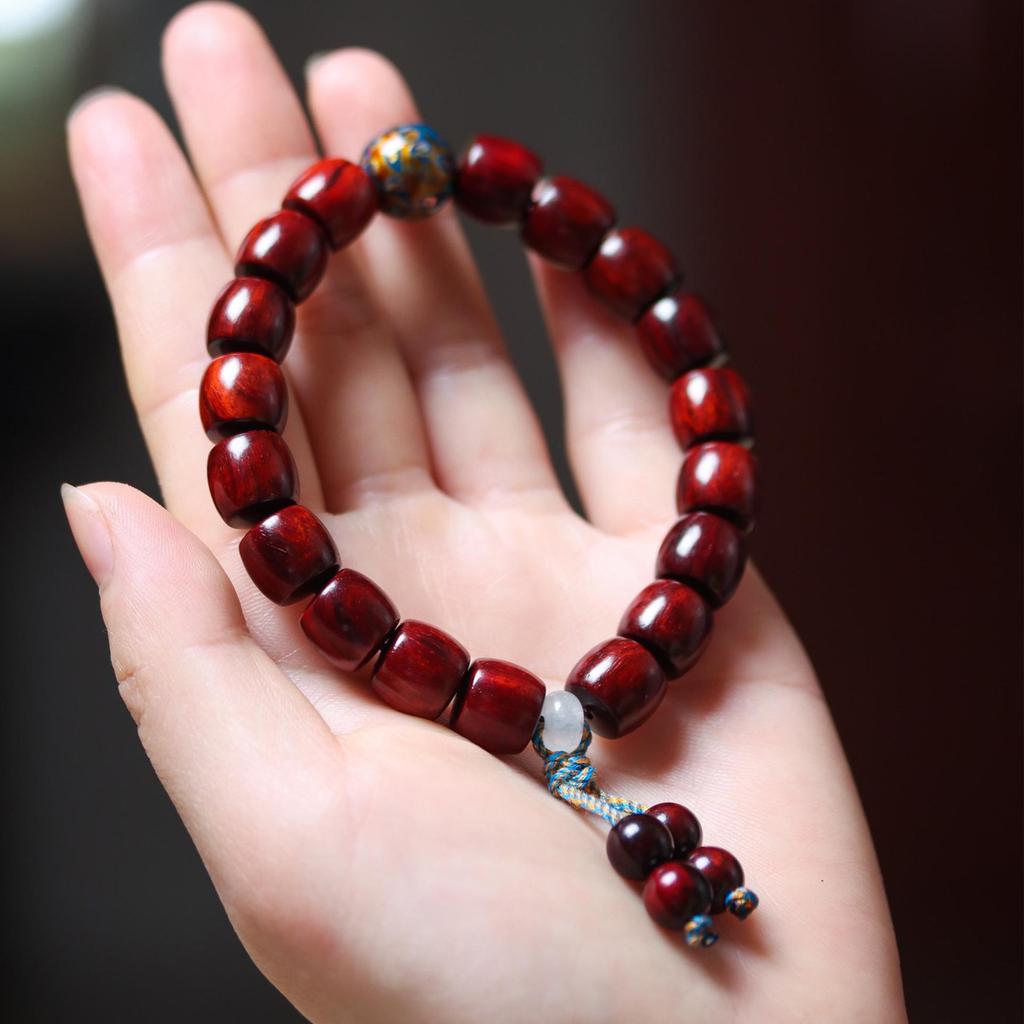 Women's Small-Leaf Rosewood Bracelet with Mother-of-Pearl Bead, Wenwan Buddhist Calming Ornament, Unisex.
