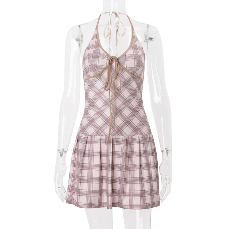 Modna Sukienka Halter w Kratę Kobiety Wiązana Dekolt V Bez Rękawów Mini Sukienki High Street Vestidos Letnia Odzież Plażowa