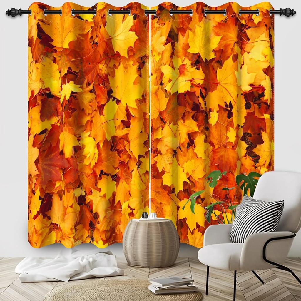 Orange Yellow Leaves Curtain Fall Scenery Forest Trees Window Drapes Panels Set Patio Office Living Room Curtains Light Blocking Polyester Great Decor