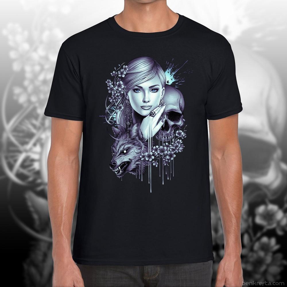 T Shirt Unisexs Skull Wolf Girl Blue And Black Exclusive Krefta Tshirt
