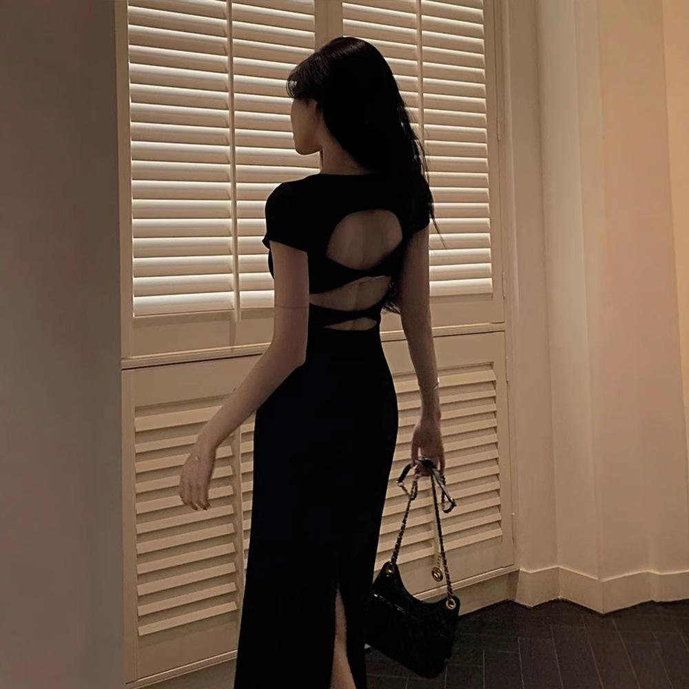 Black Dress Women's Summer New Long Dress Temperament Coffee Break French Waist Thin Hip Skirt