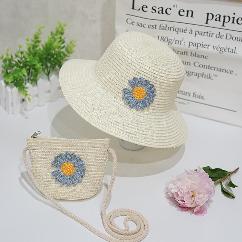 Summer Daisy Children's Straw Hat for Girls, Baby Hat, Sunshade Sun Protection Wide-brimmed Hat Bag Set, Fisherman's Basin Hat
