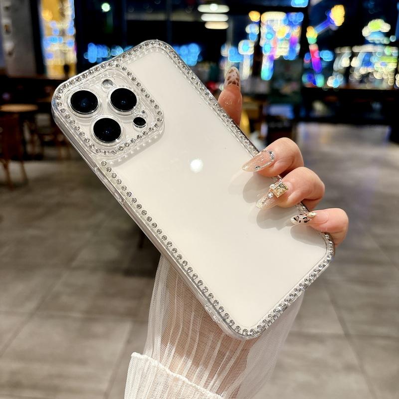 Diamond Frame Clear Slim Case Shell For iPhone 16 Pro Max 15 Pro 14 13 12 11 Soft TPU Shockproof Lens Protection Transparent Cover