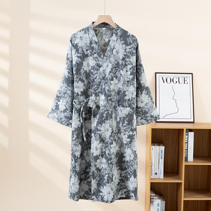Damen Baumwoll Sommer Kimono-Stil Gaze Bademantel Pyjama, Große Größen, Mittellang Jacquard Nachtwäsche