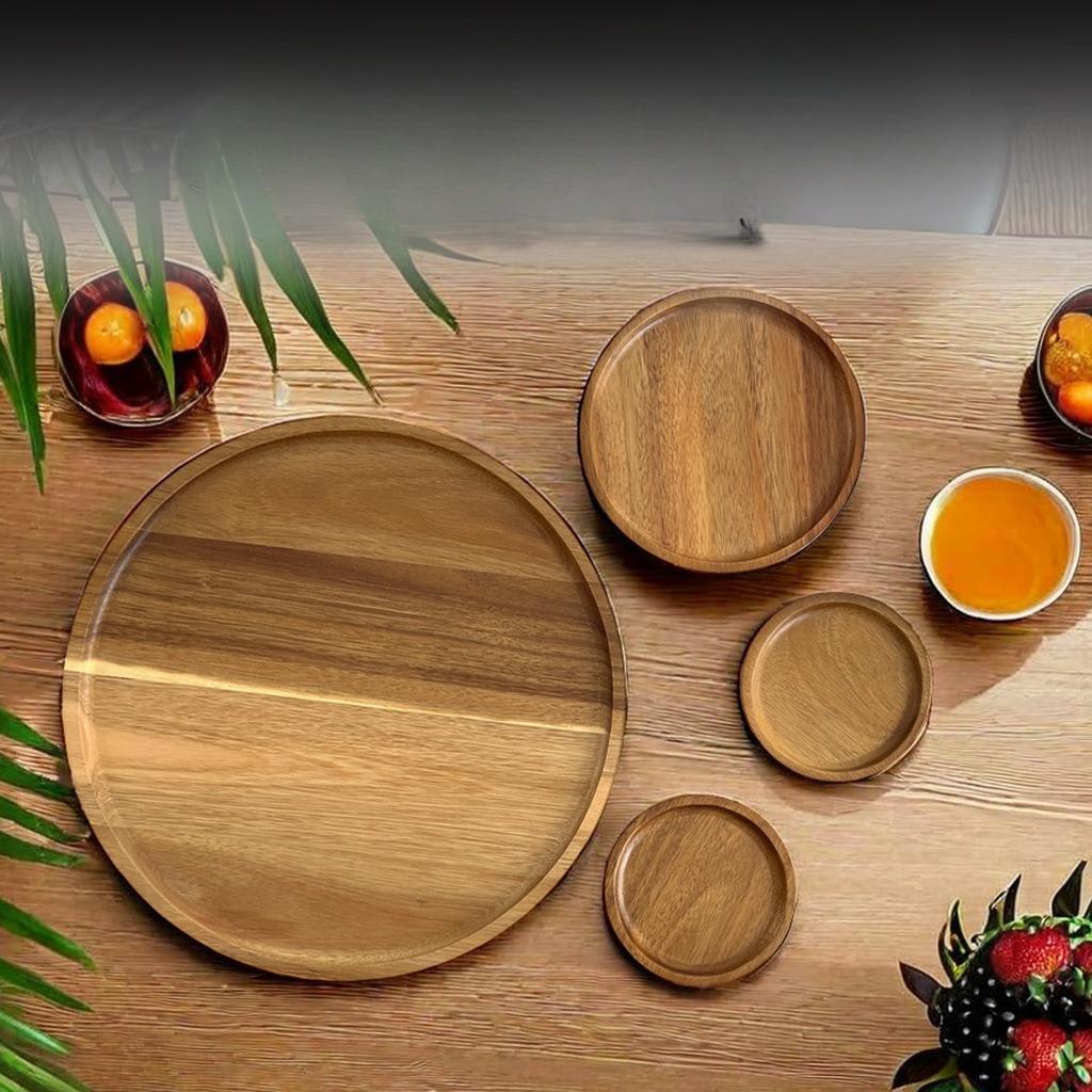 1Pc Japanese-style Acacia Round Large Wooden Tray Hotel Tea Cup Wooden Plate Household Solid Wood Plate Small Wooden Plate