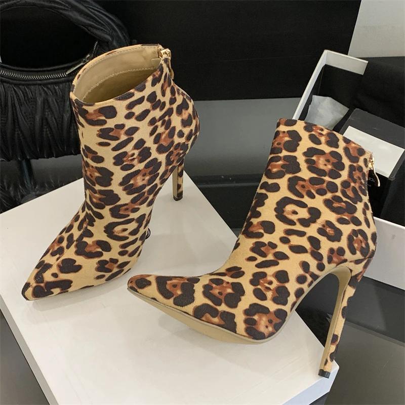 Punk Leopardenmuster Spitzzehen-Stiefeletten Damen Reißverschluss Schuhe Sexy Dünne Absätze Stripper Kurze Stiefeletten Mujer