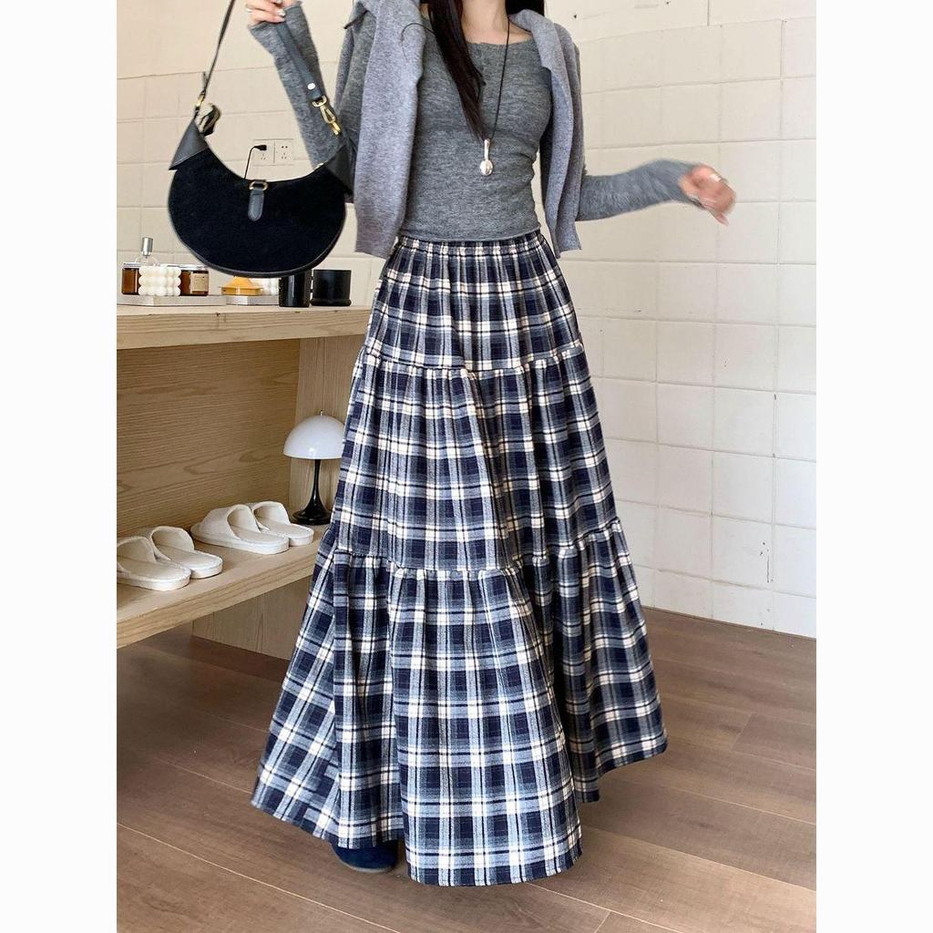 2025 Women's Retro Plaid High-Waisted A-Line Patchwork Slimming Mid-Length Skirt