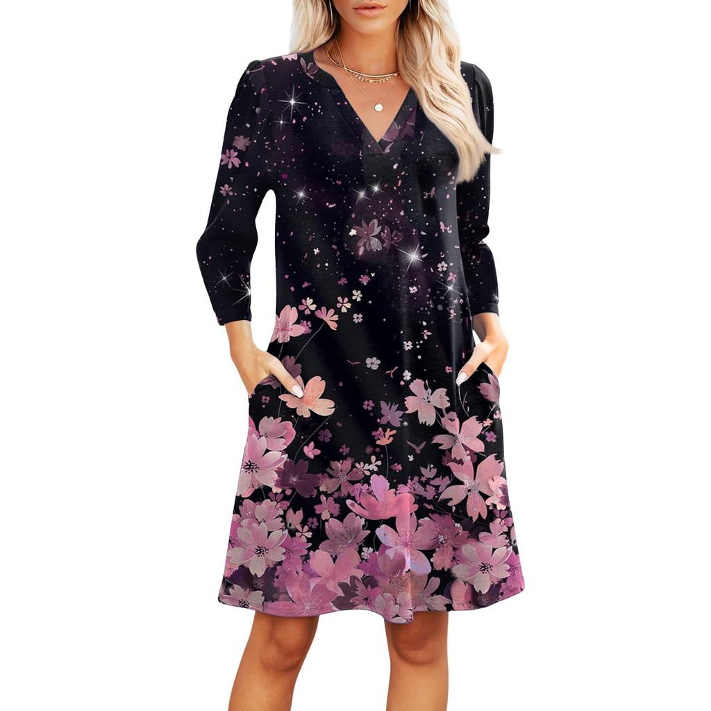 Women's Fashion V-neck Casual Beach Dress Three-quarter Sleeves Floral Print Dress