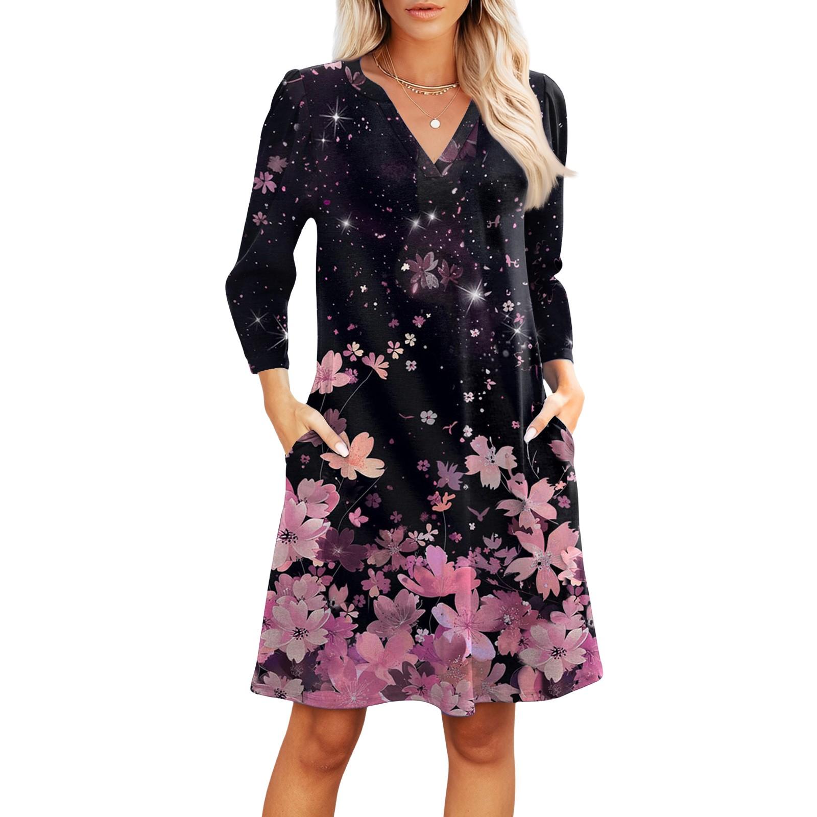 

Жіноча модна сукня з V-подібним вирізом, повсякденна пляжна сукня з рукавами три чверті, сукня з квітковим принтом S рожевий