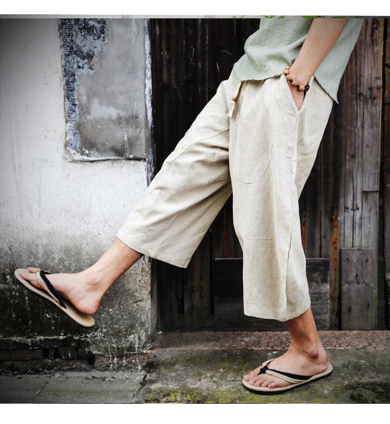 Men's Trendy Chinese-Style Wide-Leg Linen Shorts - Loose Fit, 7-Point, Summer.