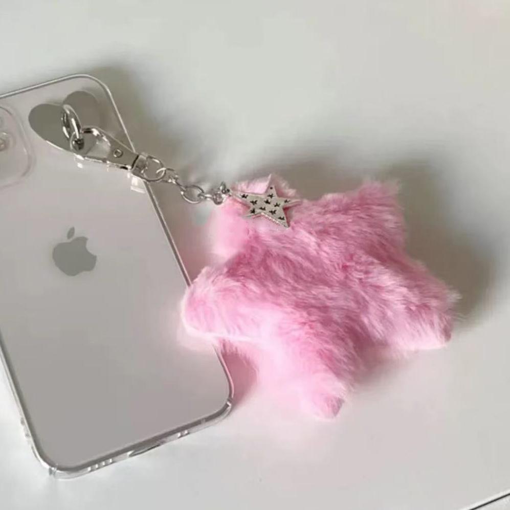 Porte-clés Pendentifs Peluche Étoile pour Femmes Filles Rose Bleu Pentagramme Boule de Fourrure Porte-clés Charms de Sac Porte-clés Ornement Accessoires