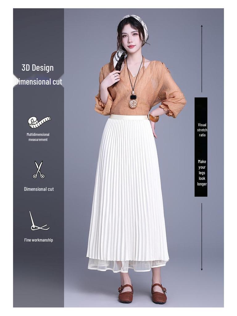 2026 Spring High Waist Pleated Mesh Skirt, Double-Sided Wear, Large Hem, Slimming Commuter Style.