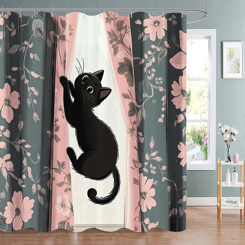 Funny Cat Shower Curtain Cat Riding Shark Dinosaur Flower Floral Polyester Bathtub Curtain Space Planet Bathroom Decor with Hook