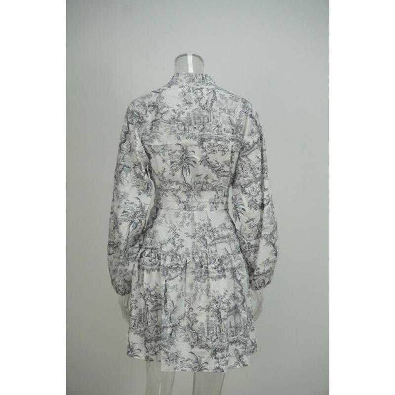 Women Elegant High Waist Tied Printed Long Sleeve A Line Short Dress