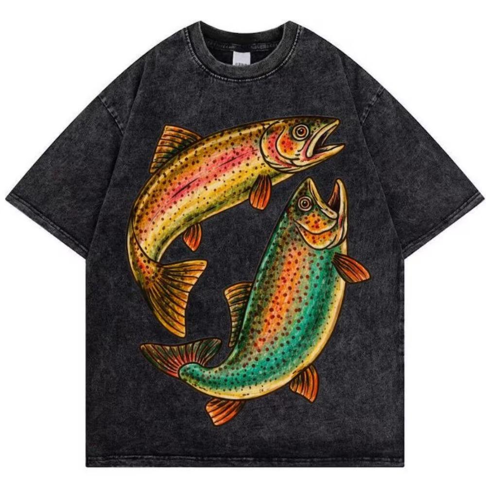 Vintage Washed Psychedelic Fish T-Shirt Colorful Artistic Graphic Tee Oversized Streetwear Hip Hop Casual Acid Wash Gray Top Men Daily Wear Cool Top