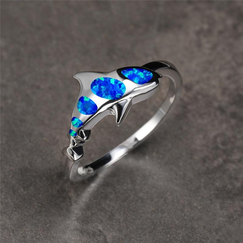 Cute Shark Blue Fire Opal Rings Bridal Wedding Occasion Jewelry Classic Vintage Stylish Fashionable  Color Animal Women Rings