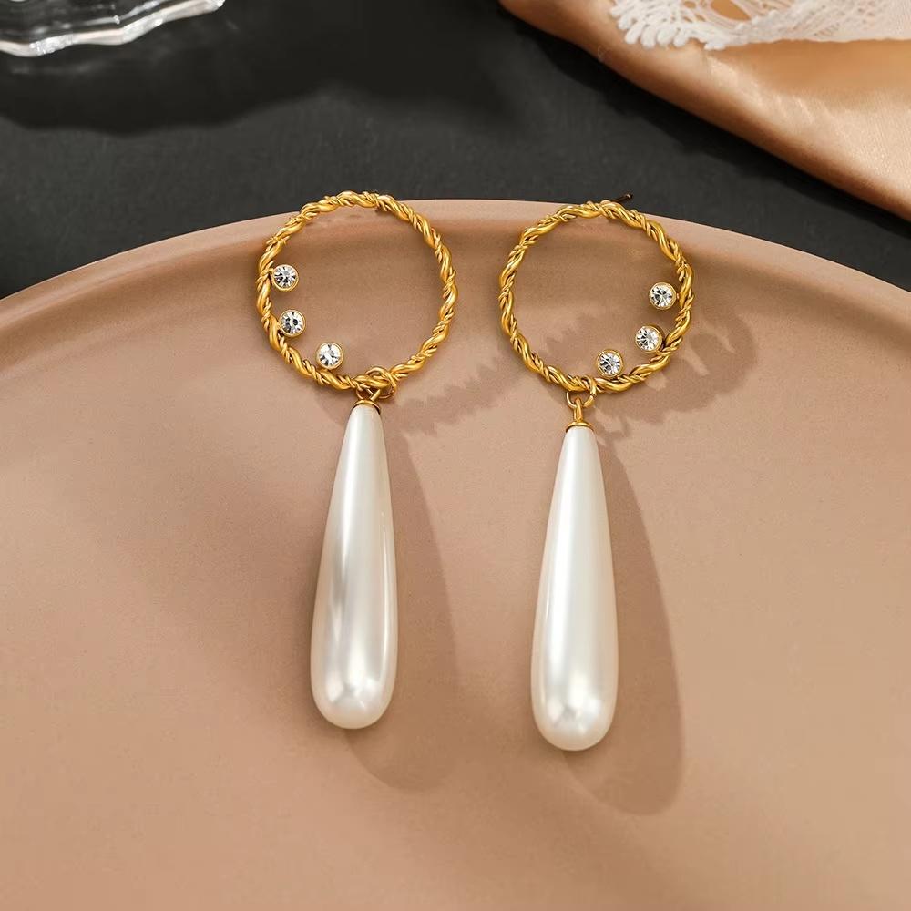 Elegant Fashion Pearl Pendant Earrings Dainty Gold Plated Stainless Steel Twisted Ring Stud Earrings  For Daily Wearing