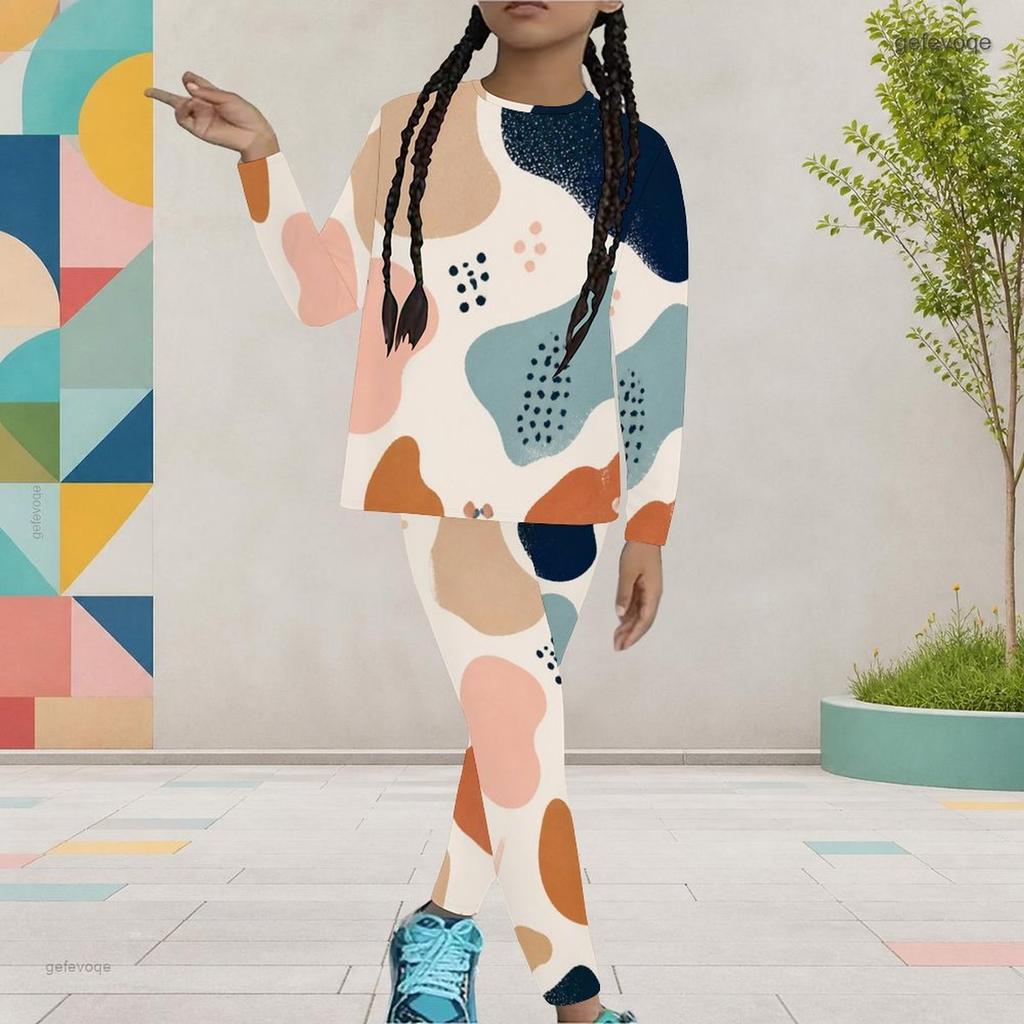 Girls Abstract Printed Round Neck Long Sleeve Top And Fitted Pants Two Piece Set