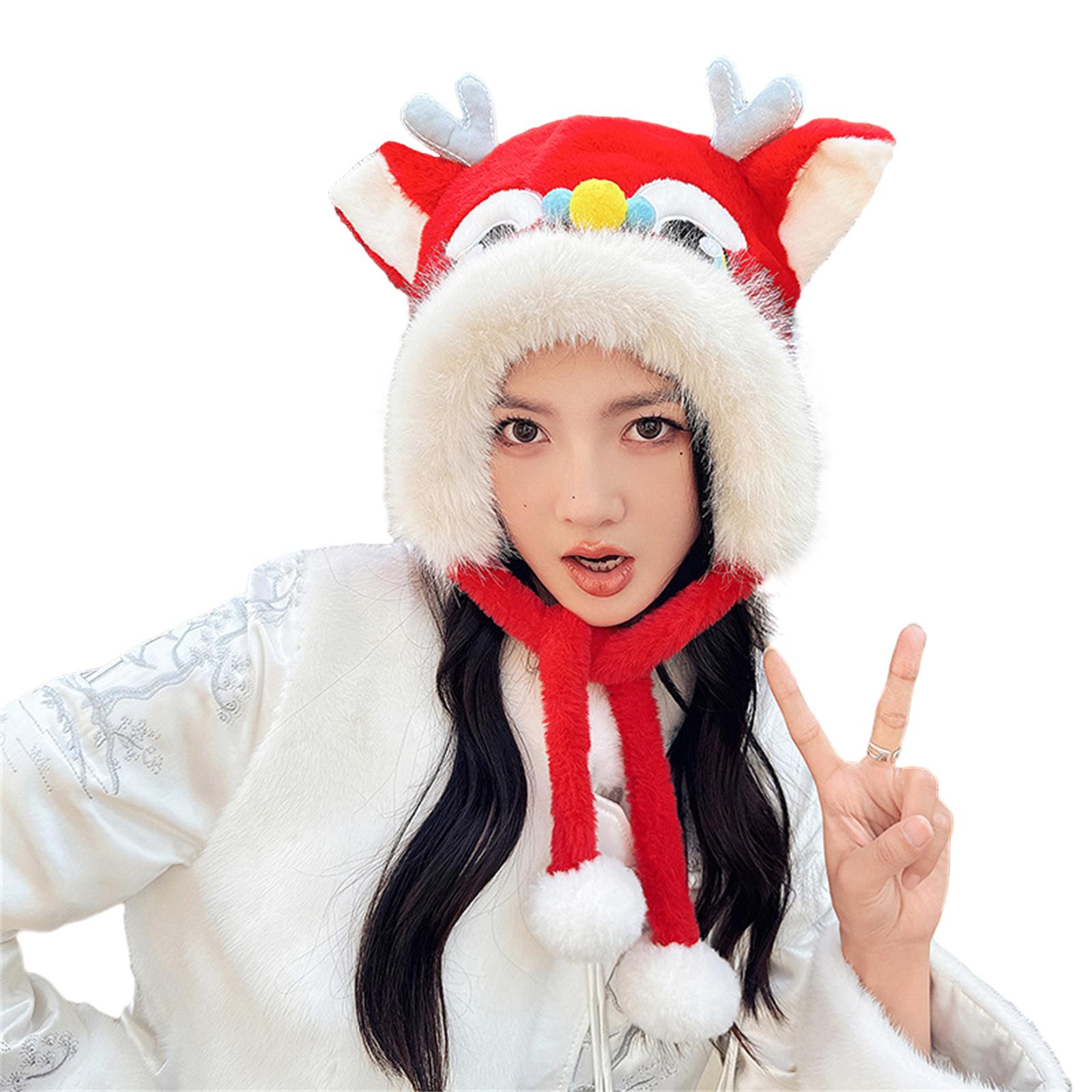 

Шарф-шапка «Дракон и лев» для женщин, плюшевая шапка с ушками для девочки, универсальная ветрозащитная теплая шапка для активного отдыха A