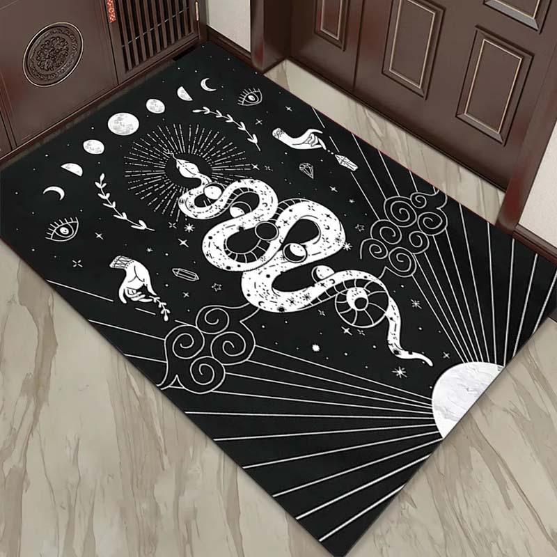 Elegant Snake and Moon Celestial Rug for Boho Chic Rooms  Spiritual Black and White Carpet  Mystical Decor Skid resistant carpet