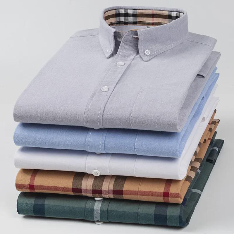 Men's Long-Sleeve Cotton Oxford Plaid Stripe Shirt - Business Casual