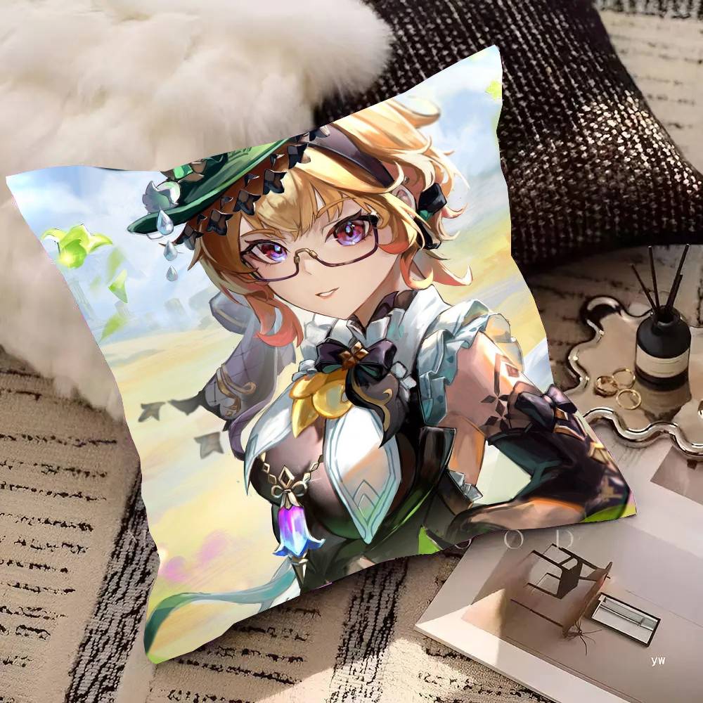 Emilie Anime G-Genshin Impact Pillow Case Fashion Square Pillowcase Bedroom Sofa Room Ins Decoration Leisure