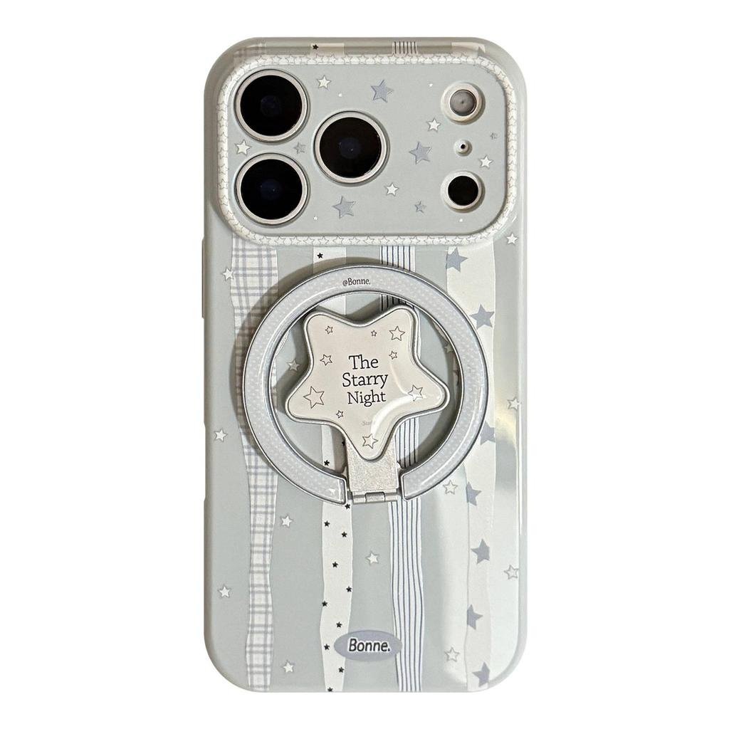 Blaue Stern Magnetische Halterung Hülle für iPhone 17 Pro Max, iPhone 16 und iPhone 15/13 - Creme, Gestreift, Stoßfest