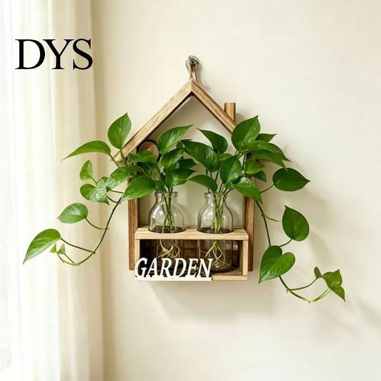 Hanging Glass Vase Wooden Wall Propagation Planter, Mounted Planter with Clear Tubes for Hydroponic Plant Holder Plants, Display Shelf Living