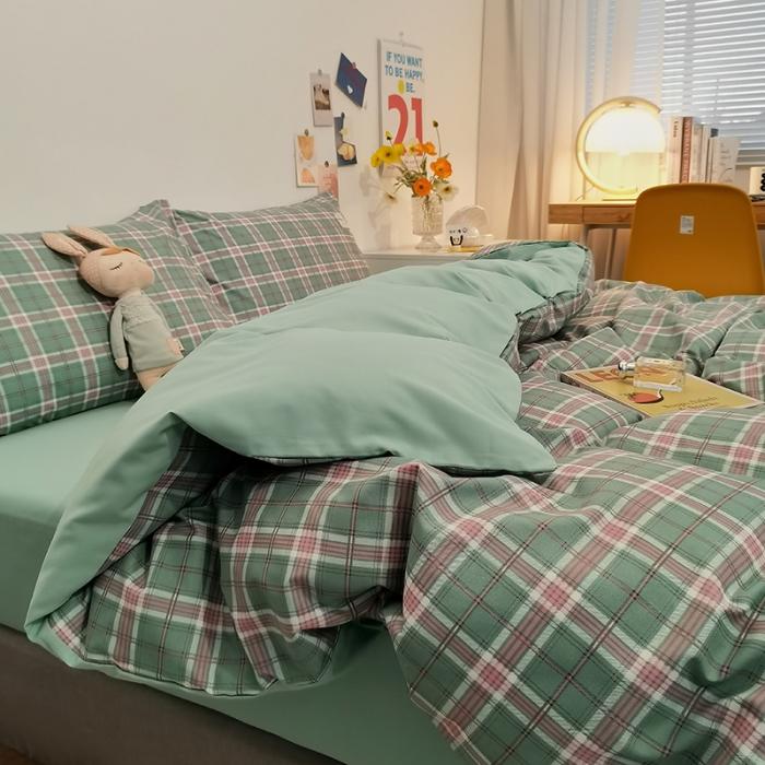 Japanese simple style plaid skin-friendly abrasive four-piece set, bedroom bedding washable sheets, quilt cover kit