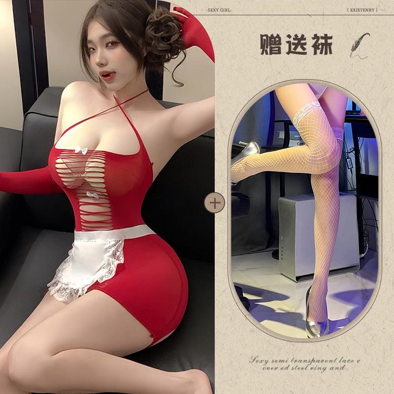 Tear-off Pretty Mesh Suit, Perspective Open-cut Flirting Uniform, Seduction, Lingerie, Buttocks, Maid