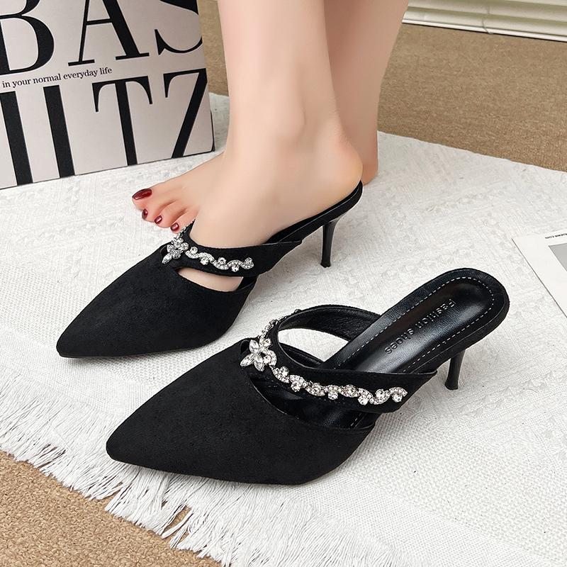 Fashion Stiletto Sandals Spring New Pointy Head Shallow Mouth Suede Rhinestones Running Out Set Feet Anti-slip Wear-resistant High Heels