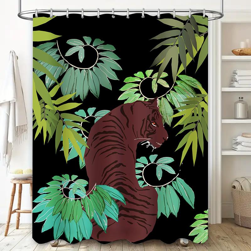 Modern Bathroom Decor Shower Curtain with Jungle Tiger Print Green Leaves Pattern for Home Decoration In Bathrooms
