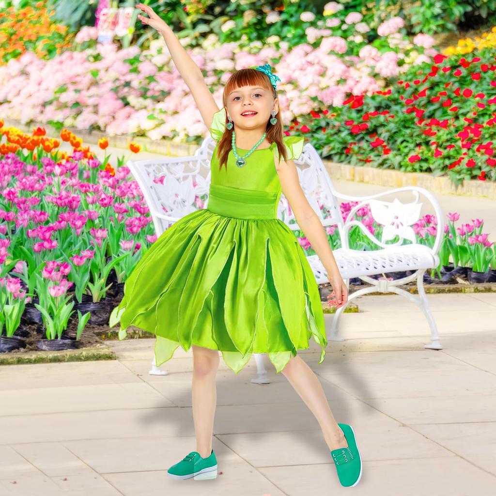 TUAHOUS Kinder Prinzessinnenkleid, Cosplay Els Tinkerbell Kleid, Blumenfee, Schmetterlingsfee Kostüm, Kinderkostüm für Mädchen, Geburtstag, Halloween,