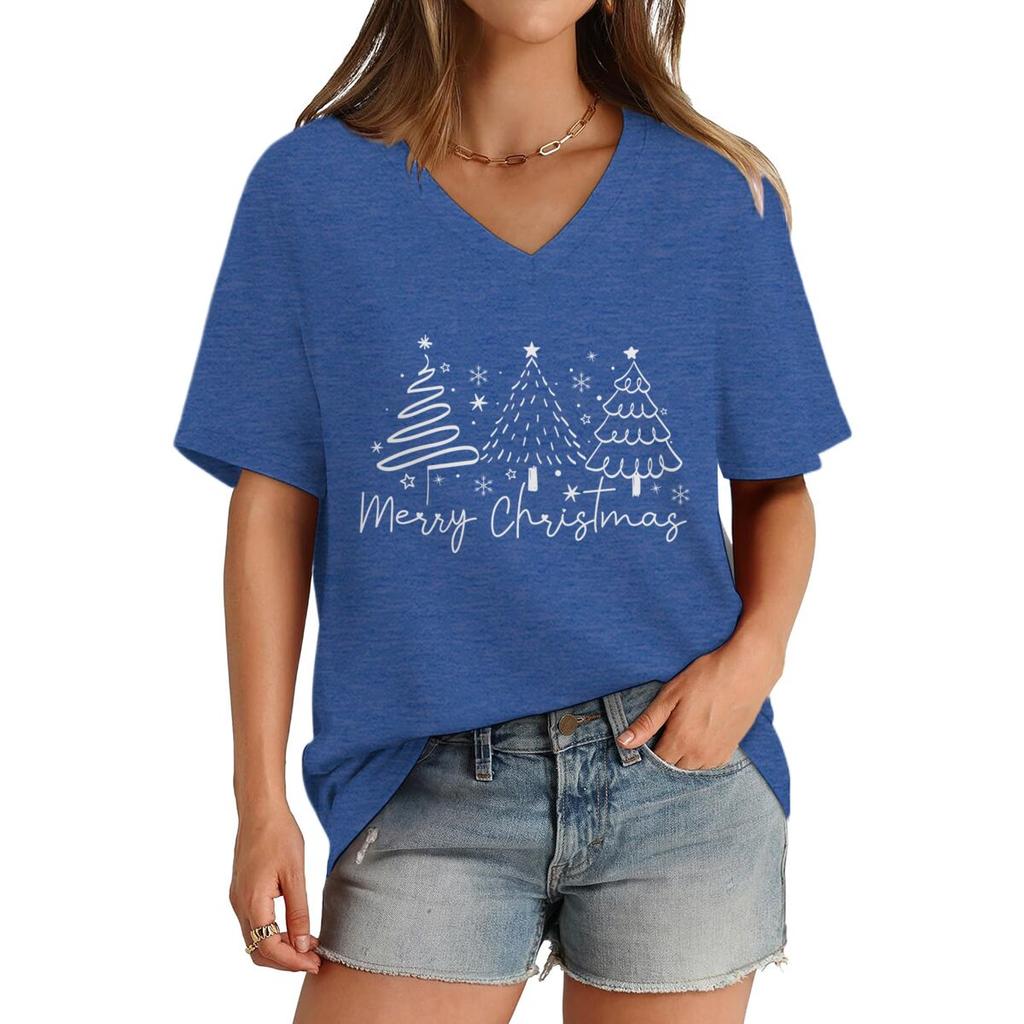 Merry Christmas Tree Trending Tshirts for Women Vneck Christmas Tree Design Holiday Clothes Funny Festive Fashion Casual Tops