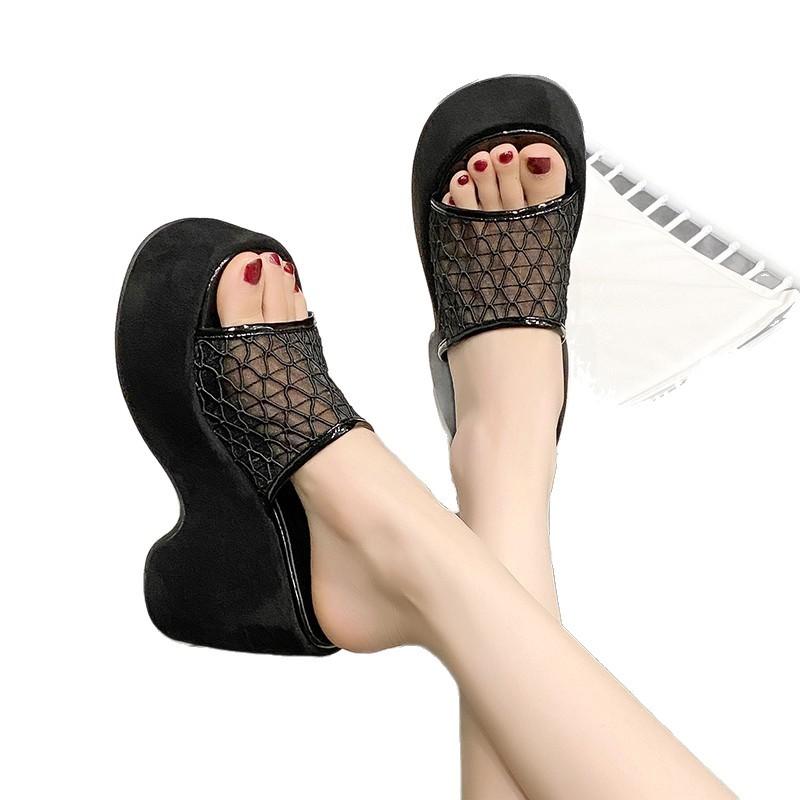 Sloping Heel Lace Mesh One-line Slippers, Summer Toe-exposing Shoes Slimming Thick-soled Cool Slippers
