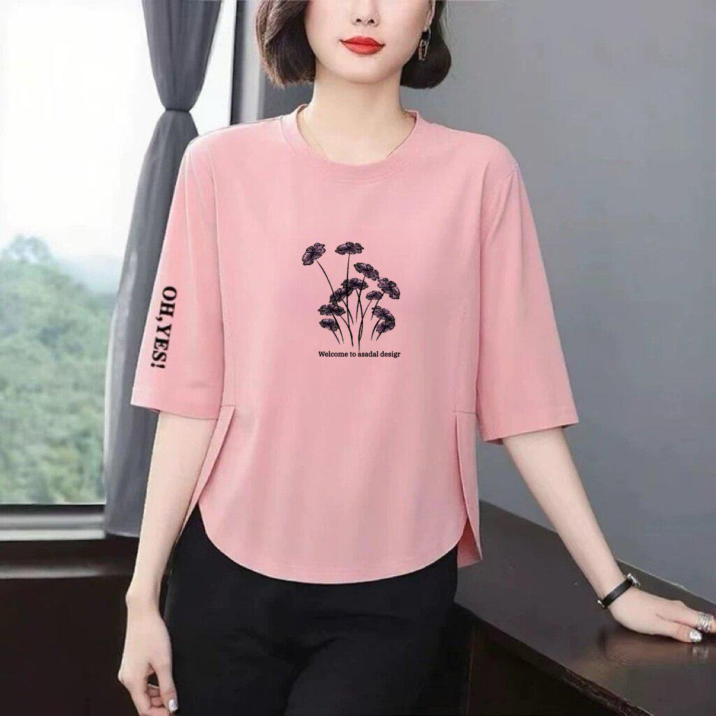 Elegant Green Printed Three-Quarter Sleeve T-Shirt for Women: Loose, Slimming, Tummy-Covering, Versatile, Age-Defying Top
