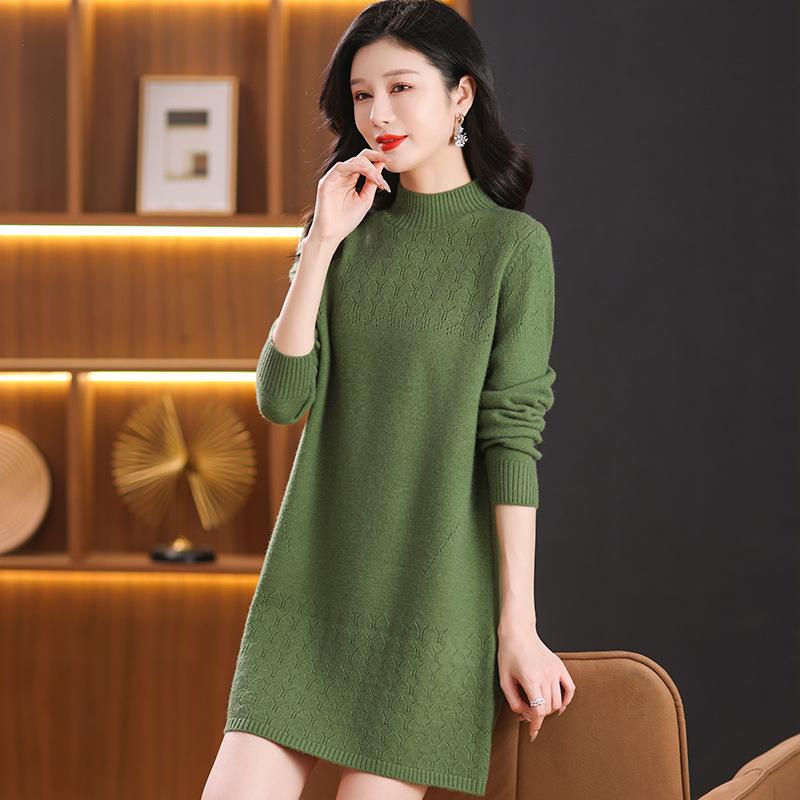 Women's Knitted Dress Autumn and Winter Pure Color Half Turtleneck Knitwear Casual Long-sleeved Mid-length Pullover