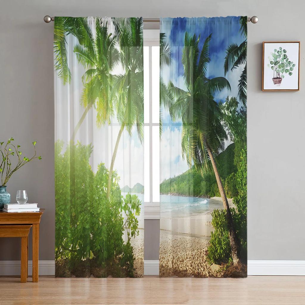 Light Filtering Green Branches Plant Leaves Tulle Curtains Living Room Bedroom Decoration Transparent Chiffon Voile Window Curtain Polyester Washable