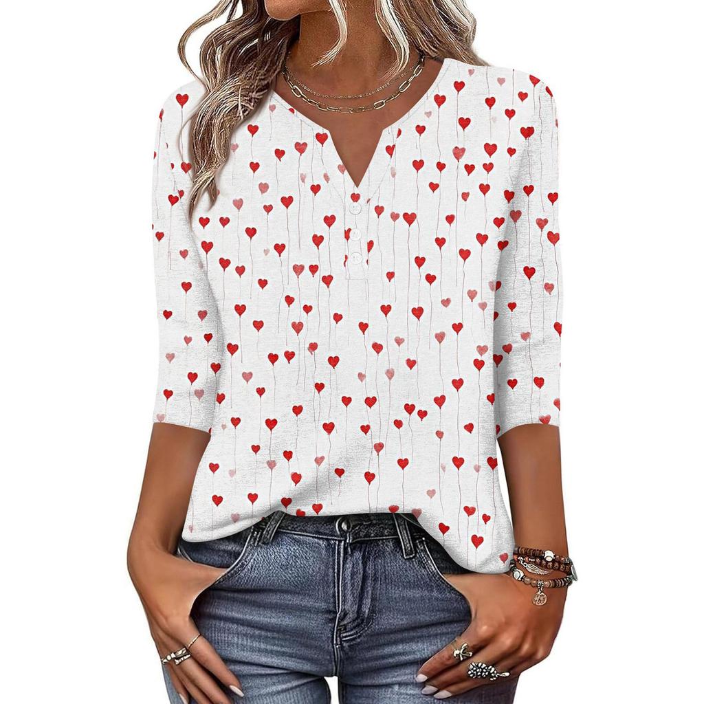 Women's T Shirt Print Button 3/4 Sleeve Daily Weekend Fashion Basic V- Neck Regular Top