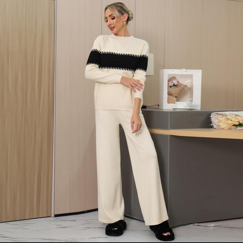 Contrasting Color Splicing Semi-turtleneck Women's Autumn and Winter Lazy Loose Pullover Knitting Two-piece Set
