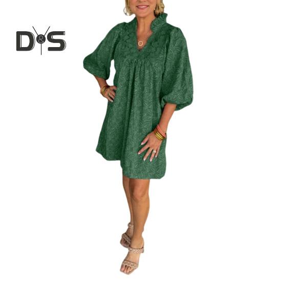 

Весна-лето Мини-платье с V-образным вырезом, кружевом, лоскутным узором, цветочной аппликацией, рукавами-фонариками, плиссированным принтом, платье для свиданий, выпускного вечера, вечеринки S зелёный