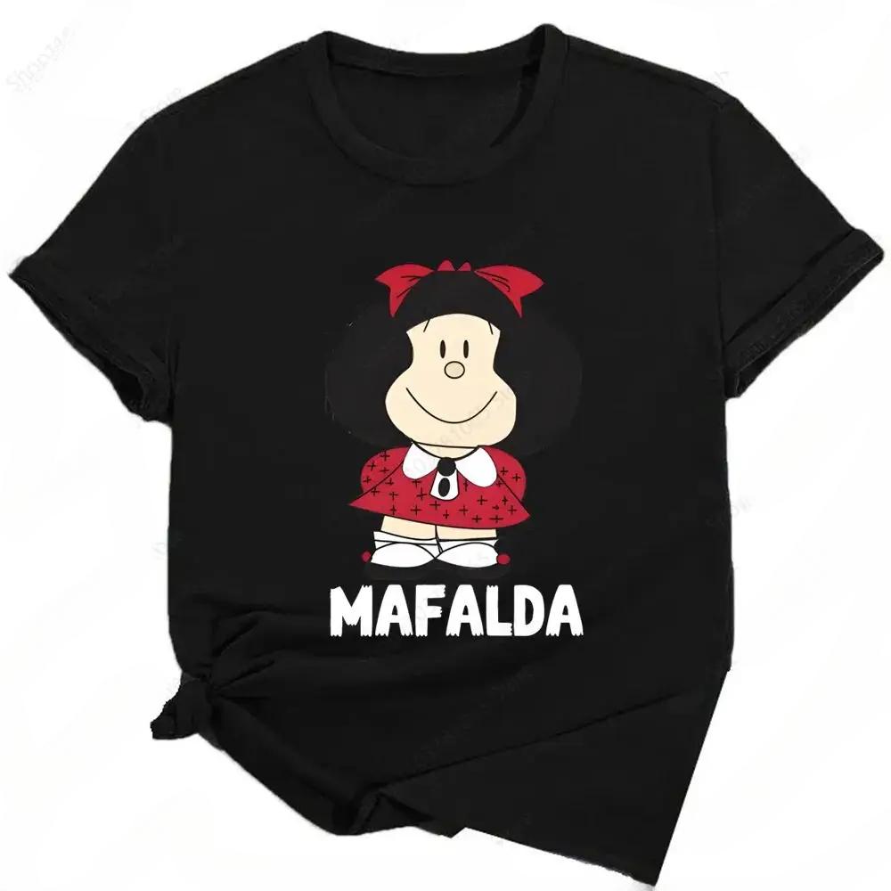 Mafalda Printed Fun Pattern T-shirt for Women Summer Y2K Harajuku Girls Street Dress Cute Cartoon Kawaii Black Women's Wear
