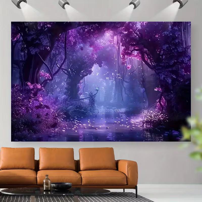 2D Dreamy Purple Forest Tapestry, Magical Fantasy Landscape Background Cloth