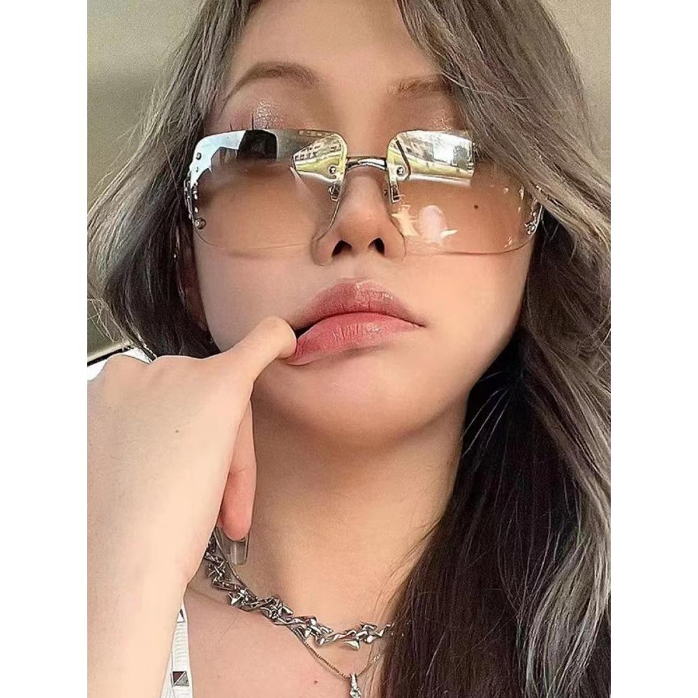 Frameless diamond sunglasses female Spice Girl concave shape ins Internet celebrity sunglasses UV protection large frame thin