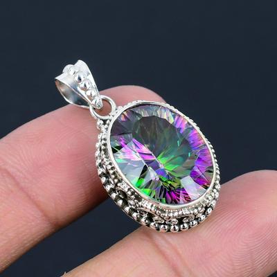 Natural Mystic Topaz Gemstone Pendant, 925 Sterling Silver, Multicolor Gemstone, Handmade Pendant Jewelry Gift For Valentine's Day