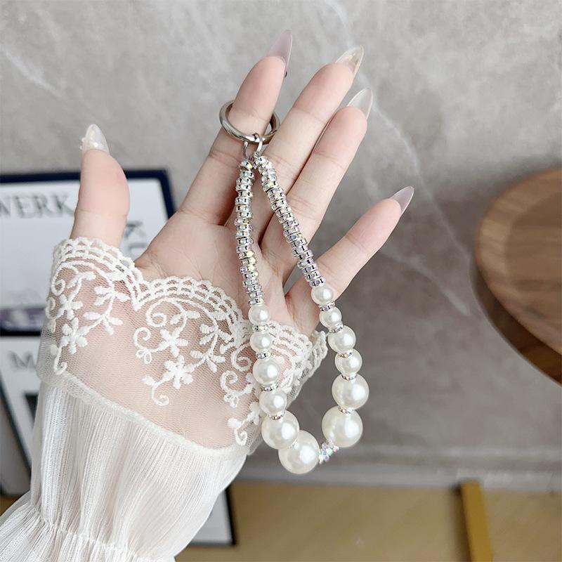 Pearl Rhinestone Mobile Phone Lanyard Clip Anti-Drop Short Hand Rope Keychain Decoration Advanced Sense Light Luxury Women