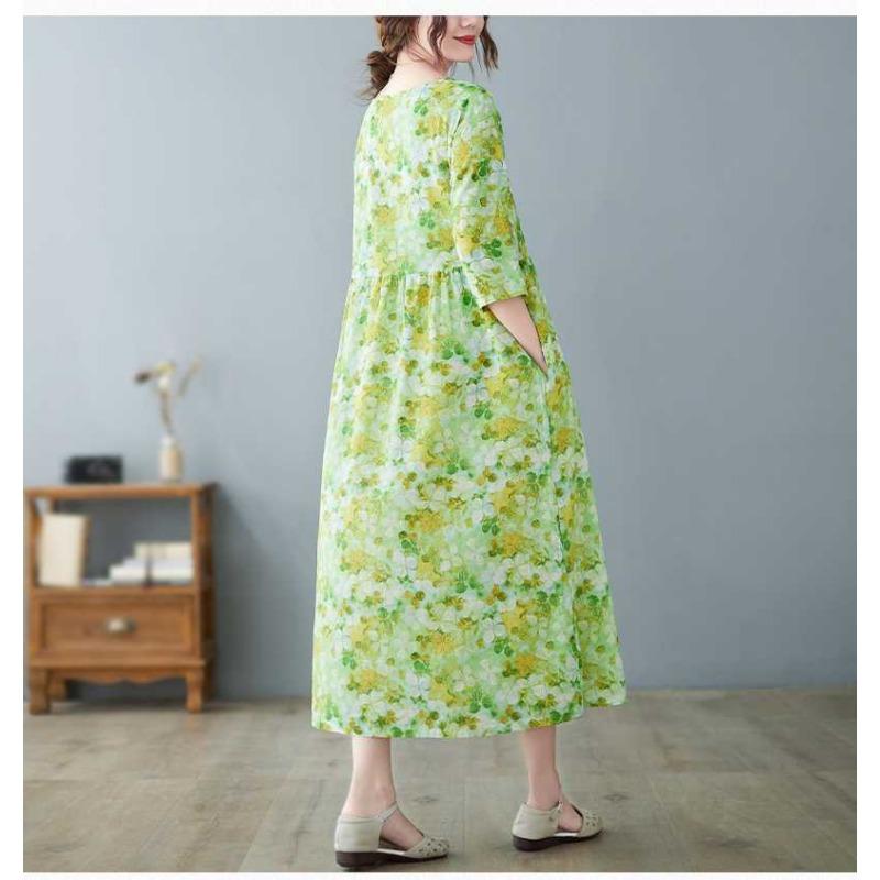 Lato Nowość Literacki Duży Rozmiar Luźny Cienki Okrągły Dekolt Rękaw Pięciominutowy Sukienki Damskie Odmładzające