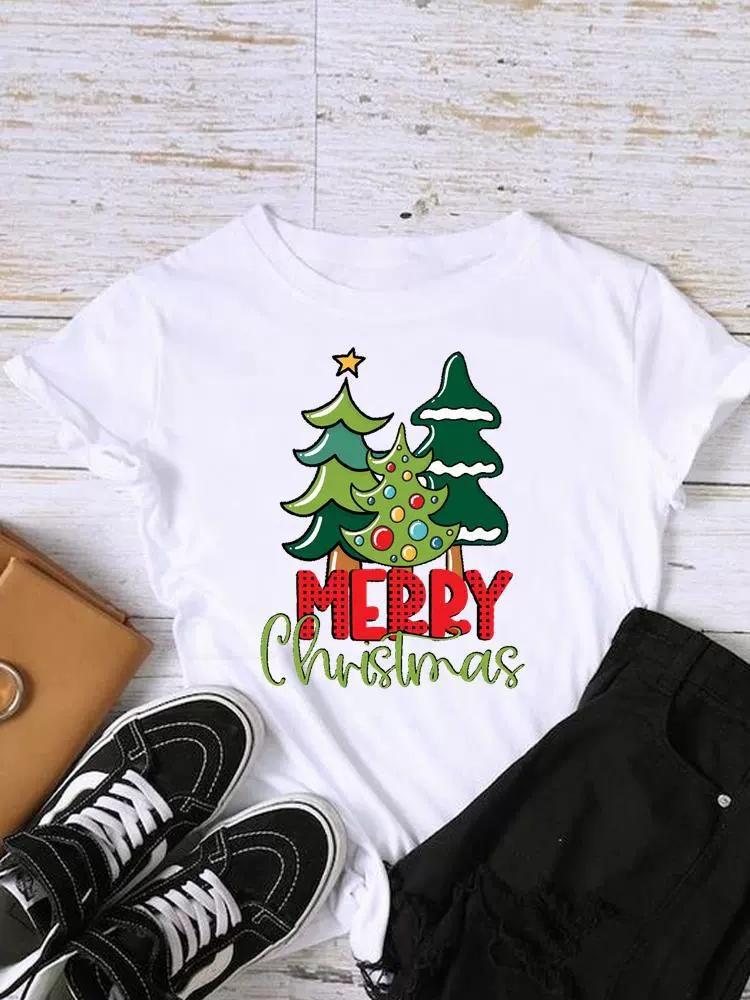 Christmas Womens Round Neck Short Sleeved Christmas Tree Reindeer Print Womens Loose Oversized Comfortable White Tshirt