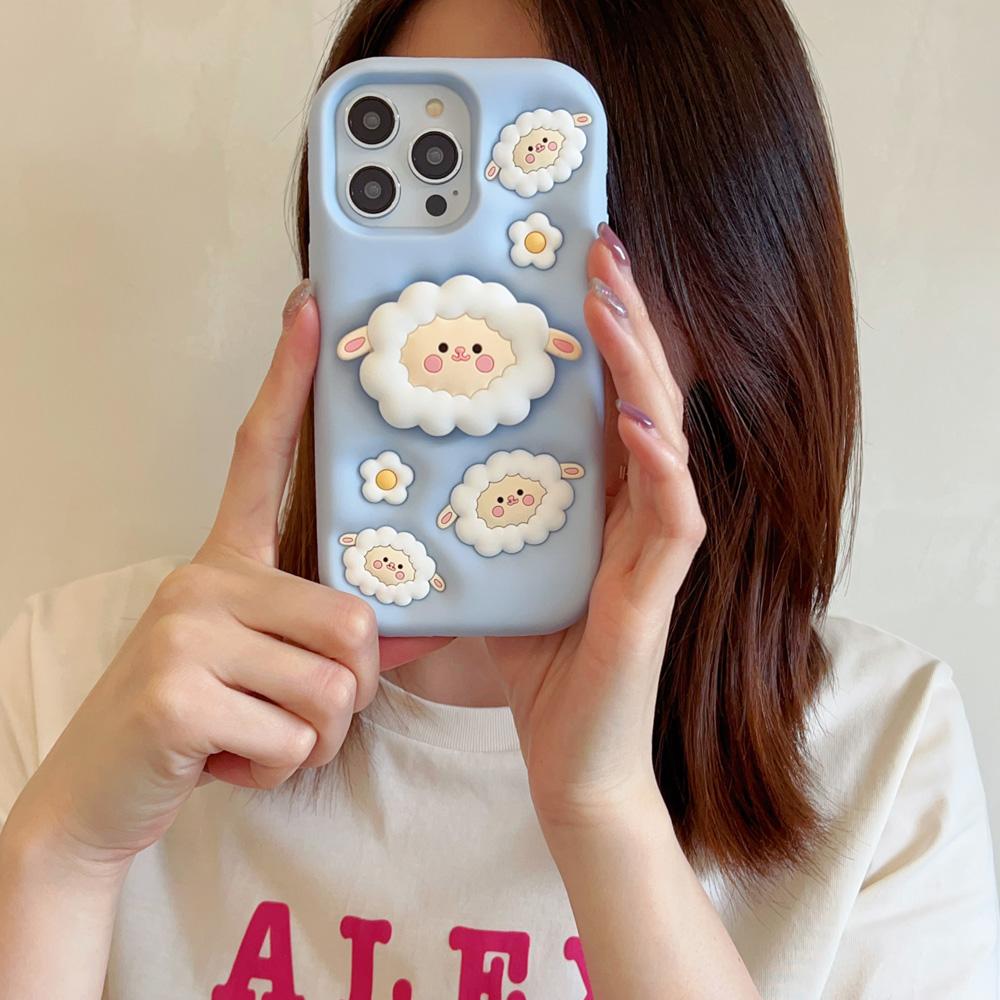 For iPhone 13 14 15 16 17 Pro Max Cute Cartoon 3D Sheep Soft Silicone Case Phone Back Cover Bracket